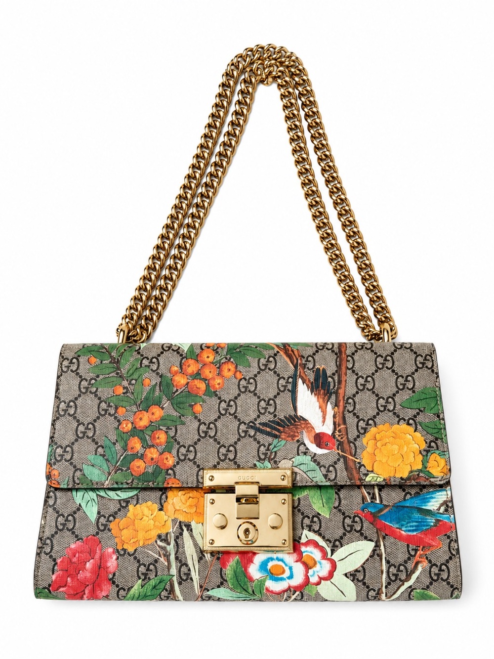 Gucci GG Supreme Floral & Bird Shoulder Bag in Beige, Green, Orange, Blue